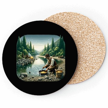 Discover Gold Prospector by the River in a Serene Forest Coasters