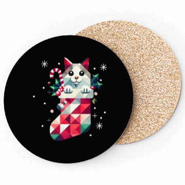 Discover cute cat in a colorful Christmas stocking Coasters