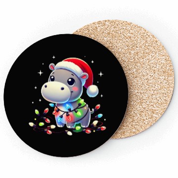 Discover Christmas Hippo Wrapped in Holiday Lights Coasters