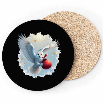 Discover Snowy Owl Carrying Christmas Gift Bag Coasters