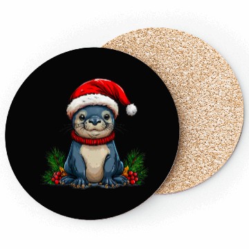 Discover Festive Otter with Santa Hat Coasters