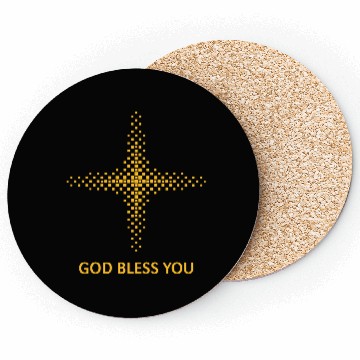 Discover God Bless You (Religion / Cross / Squares / Gold) Coasters