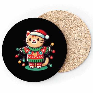Discover Christmas Cat With Fairy Lights Coasters