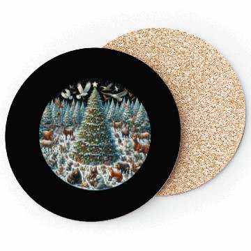 Discover Snow-Dusted Christmas Tree with Woodland Animals Coasters