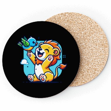 Discover cute lion cub playing with a colorful bird Coasters