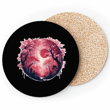 Discover Serene Sakura Under Crimson Sun Coasters