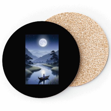 Discover Moonlit River Serenity - Nightscape Poster Coasters