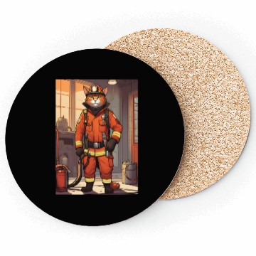 Discover Cat painting red black cat Firefighter Cat Coasters