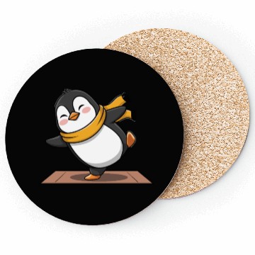 Discover Cute Penguin Doing Yoga with Yellow Scarf Coasters