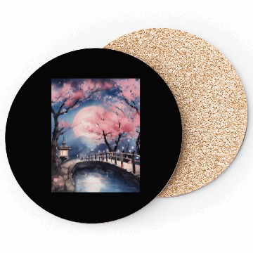 Discover Watercolor cherry blossom festival full moon Coasters