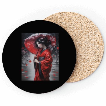 Discover Geisha umbrella rain storm cherry blossoms Coasters