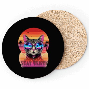 Discover Stay Trippy Psychedelic Cat with Neon Sunglasses Coasters