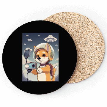 Discover Funny Dog Rescue Anime Selfie with UFOs Weird Coasters