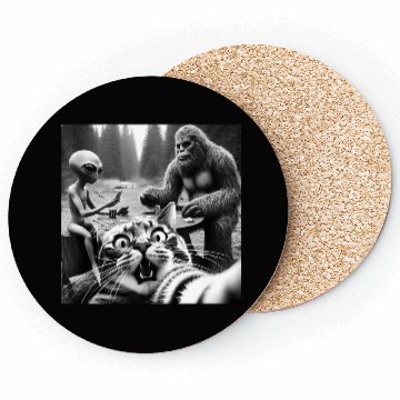 Discover Sasquatch Bigfoot Alien Surprised Scared Cat Selfi Coasters