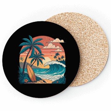 Discover Tropical Paradise Sunset Surfing and Palm Trees Coasters