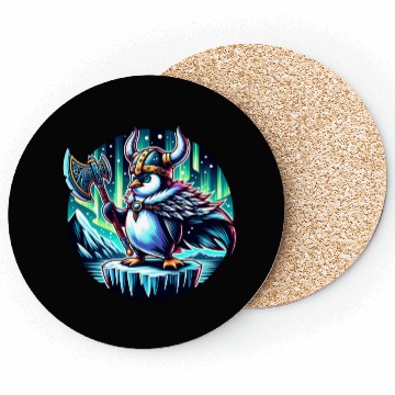 Discover Viking Penguin with Axe Under Northern Lights Coasters