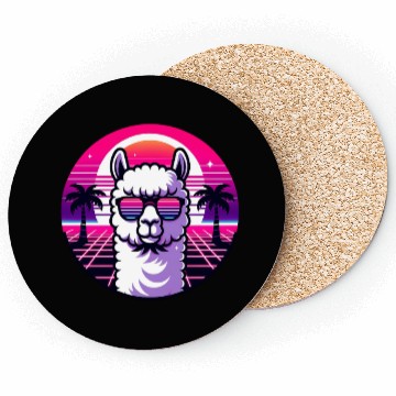 Discover Retro Sunset Llama with Sunglasses in Neon Vibes Coasters