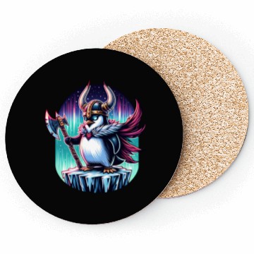 Discover Viking Penguin Warrior Under Northern Lights Coasters