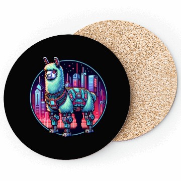 Discover Futuristic Cyberpunk Llama in Neon Cityscape Coasters