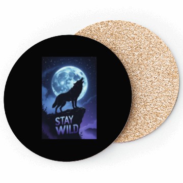 Discover Stay Wild – Majestic Wolf Silhouette Under Moon Coasters