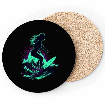 Discover Stylish Female Surfer Surfing Waves Coasters