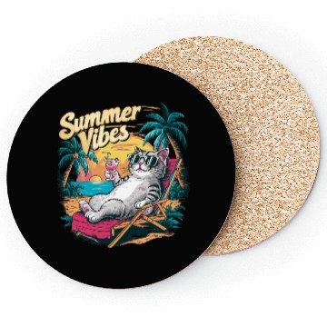Discover Cool Cat Summer Vibes – Beach Relaxation Aesthetic Coasters