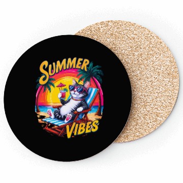 Discover Summer Vibes Coasters, Relaxed Cat with Summer Text