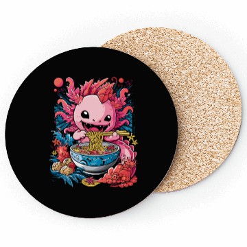 Discover Cute Axolotl Enjoying Bowl of Ramen in Vibrant Coasters