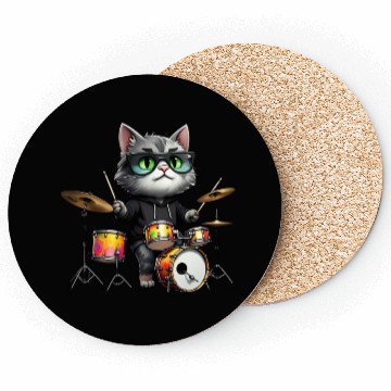 Discover Gray Cat with Neon Drums Coasters