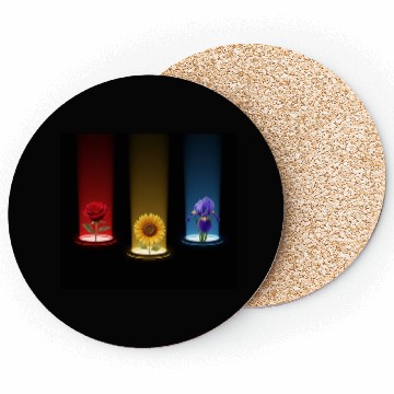 Discover Glowing Floral Trio: Rose, Sunflower & Iris Coasters