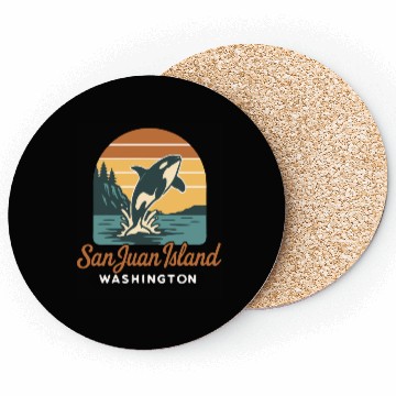 Discover San Juan Island Washington Orca Whale Retro Sunset Coasters