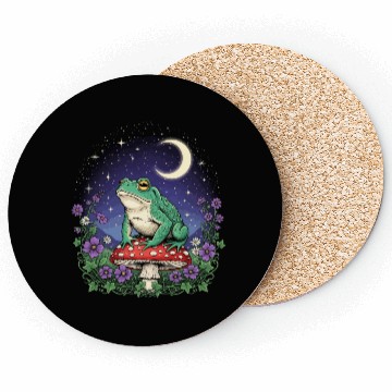 Discover Green Frog on Red Mushroom - Starry Night Coasters