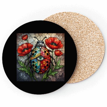 Discover Ladybug stained glass vibrant poppy flower insect Coasters