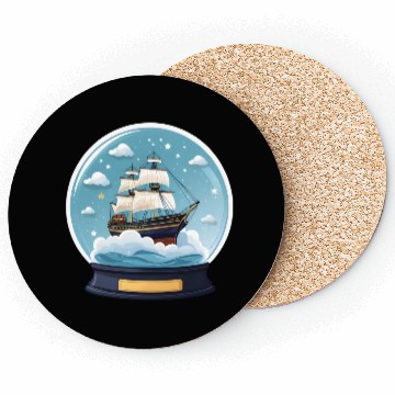 Discover Fantasy Ship in Star Filled Snow Globe Coasters