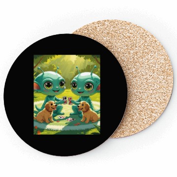 Discover 2 ALIENS WITH 2 PUPPIES PLAYING CARDS Coasters