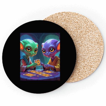Discover 2 ALIENS PLAYING CARDS AND HAVING FUN 3 Coasters