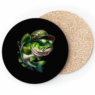 Discover Camo Hat Bass Fish with Green Sunglasses Coasters
