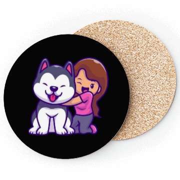 Discover Cute Girl Hugging Playful Husky Design Coasters
