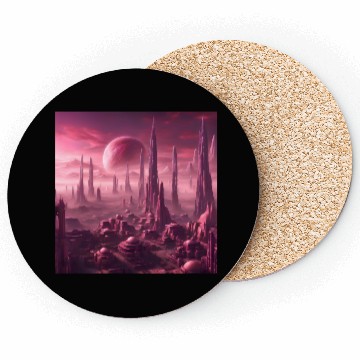 Discover Futuristic Alien Skyline in Pink Hues Coasters