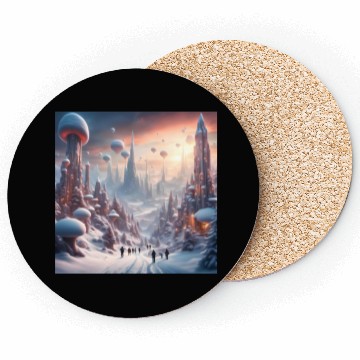 Discover Futuristic Snowy Cityscape with Floating Balloons Coasters