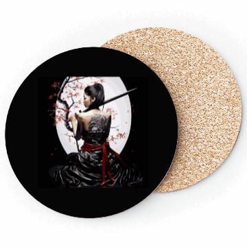 Discover Samurai Serenity: Woman with Sword Under Cherry Coasters