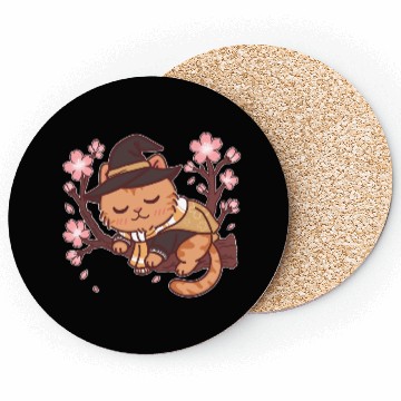 Discover Whimsical Witch Cat in Cherry Blossom Tree Coasters