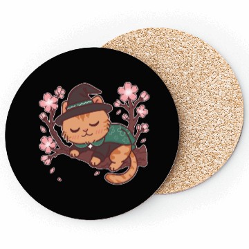 Discover Whimsical Wizard Cat in Blooming Cherry Tree Coasters
