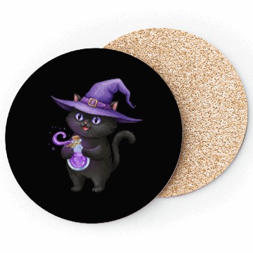 Discover Enchanting Black Cat Witch Illustration Coasters