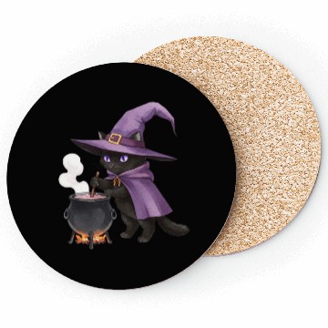 Discover Enchanted Black Cat Witch Illustration Coasters