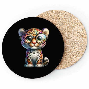 Discover Colorful Leopard Cub with Glasses Coasters