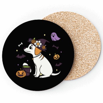 Discover Halloween Witch Dog Illustration Coasters
