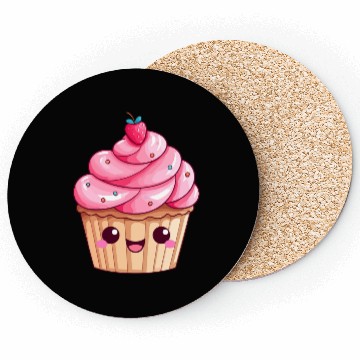 Discover Kawaii Cupcake with Pink Swirl Icing Coasters