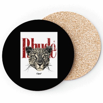 Discover Leopard Face with Bold Red Text Coasters
