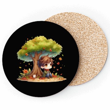 Discover Autumn Serenity Chibi under a Maple Tree Coasters